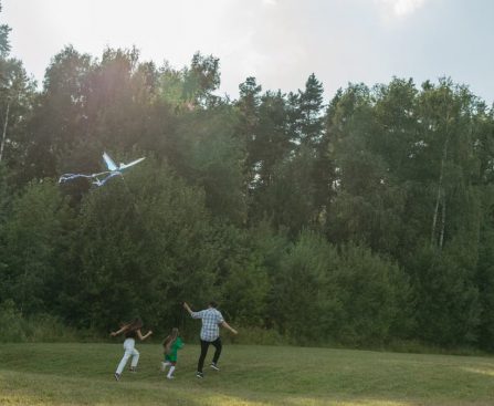 Family having fun flying a kite in a sunny park. Perfect day for outdoor bonding.